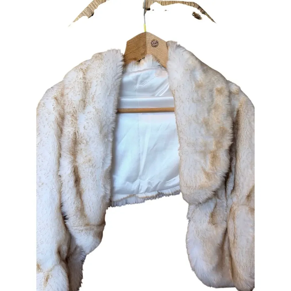 Faux fur stole wrap white with orange brown tips fully satin lined wedding chic
